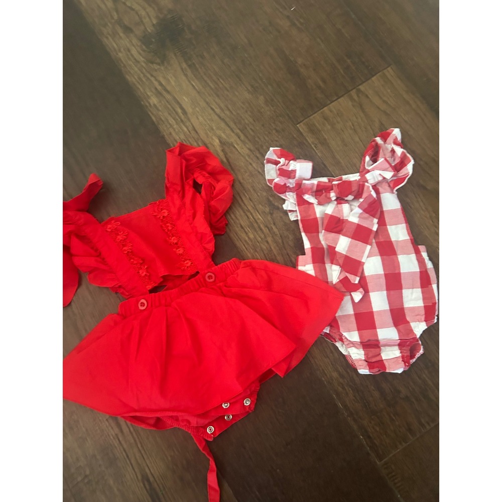 Baby Girl Red Gingham Plaid Romper Set Flutter Sleeve Lace Detail Size 80 12-18M